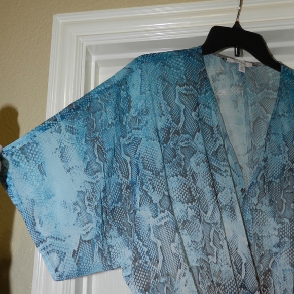 Animal Print Peplum Top Semi Sheer Blue Brown - Picture 2 of 9